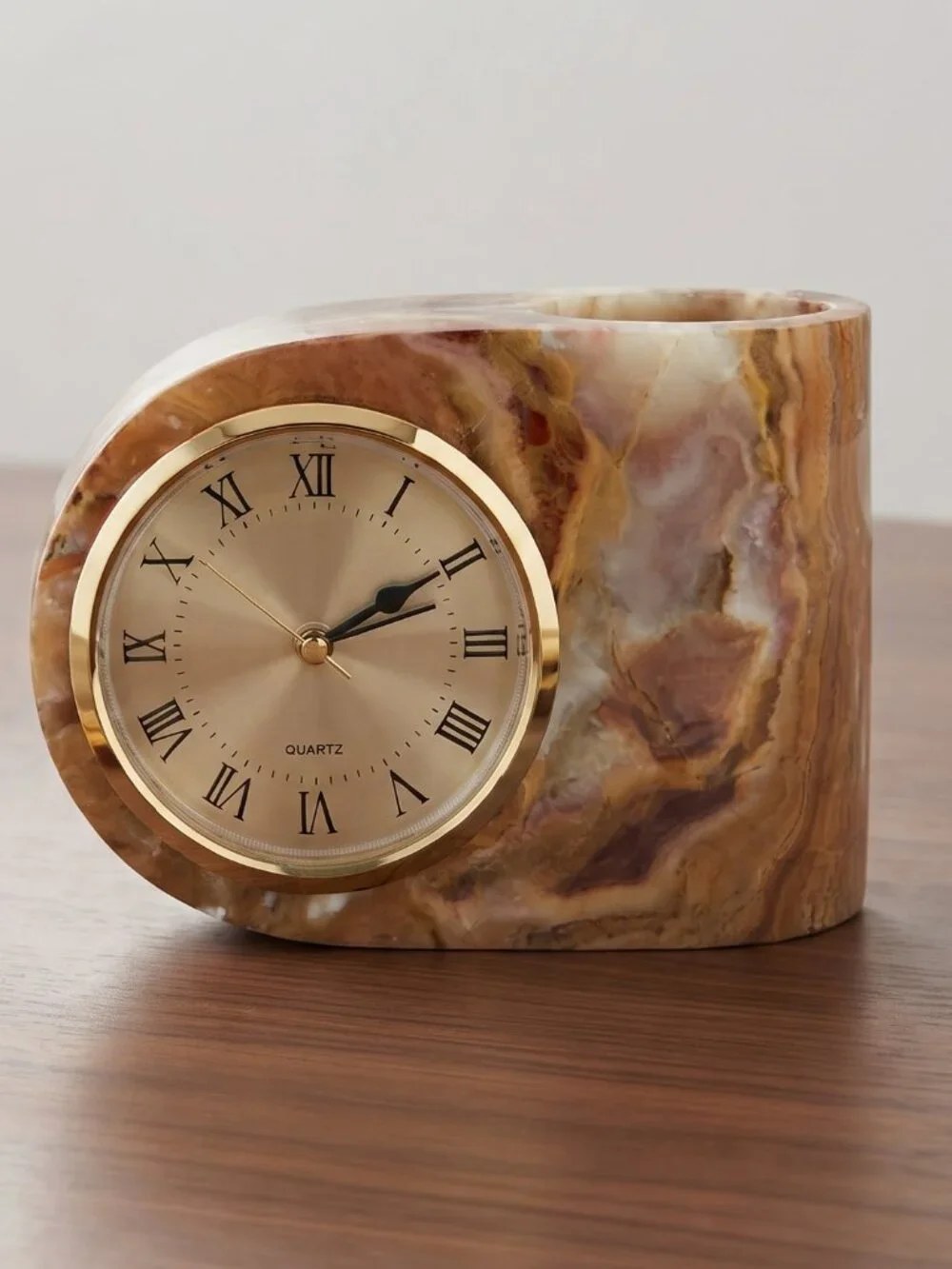 Vintage Heavy Onyx Stone Quartz Desk Clock Pen Holder Roman Numerals Working